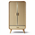 Narrow cabinet with striped doors in cream color and wooden legs 70 x 40 x 150cm