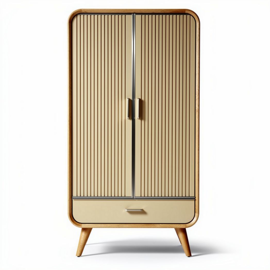 Narrow cabinet with striped doors in cream color and wooden legs 70 x 40 x 150cm