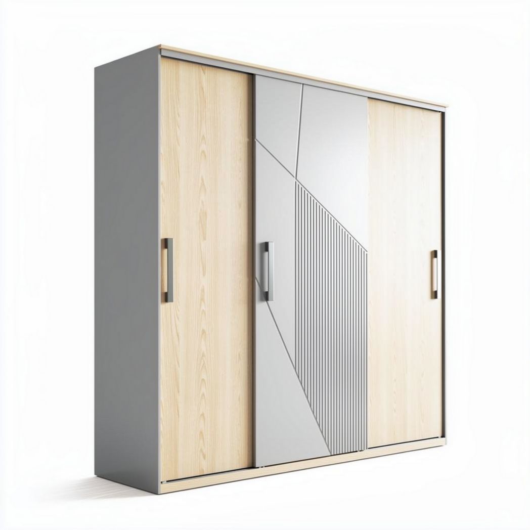 Modern sliding door wardrobe with mirrored panels and wood finish 200 x 60 x 210cm
