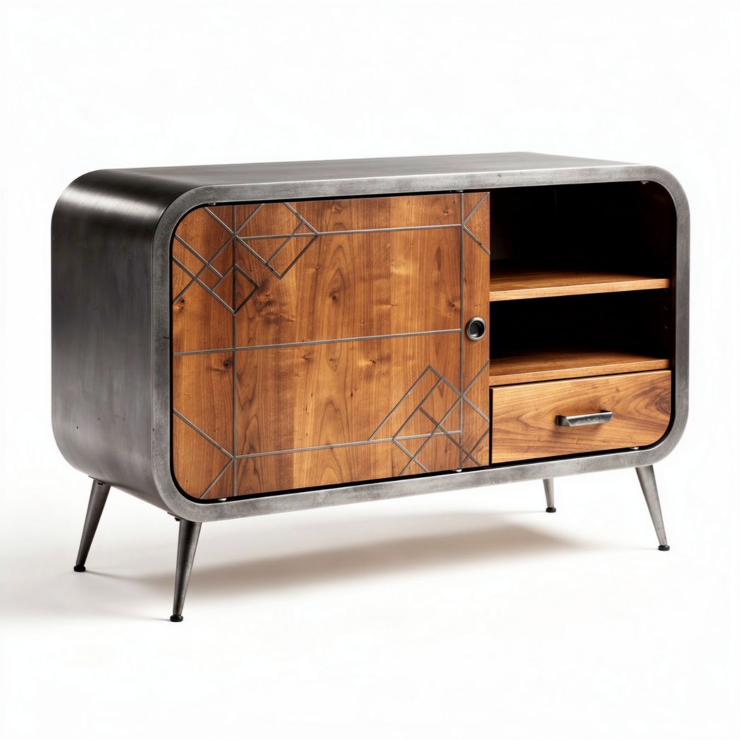 Metal frame storage cabinet with wooden door and open shelves 70 x 40 x 75cm