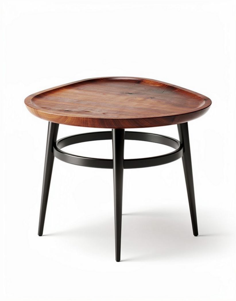 Wooden coffee table with black metal legs and triangular shape 60 x 60 x 45cm
