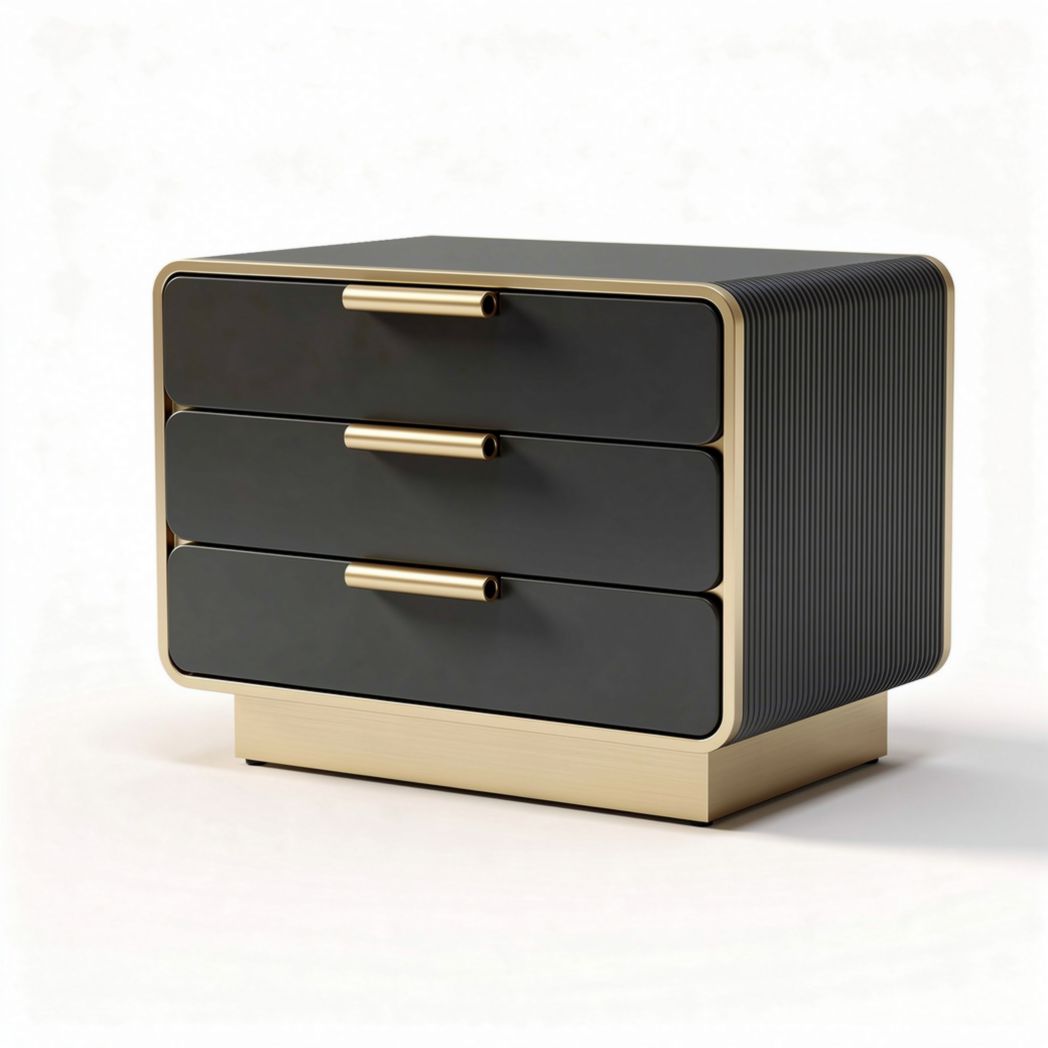 Modern three-drawer storage cabinet in black and gold 60 x 40 x 40cm