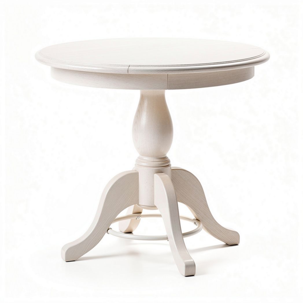 White round dining table made of wood with a pedestal base for small spaces