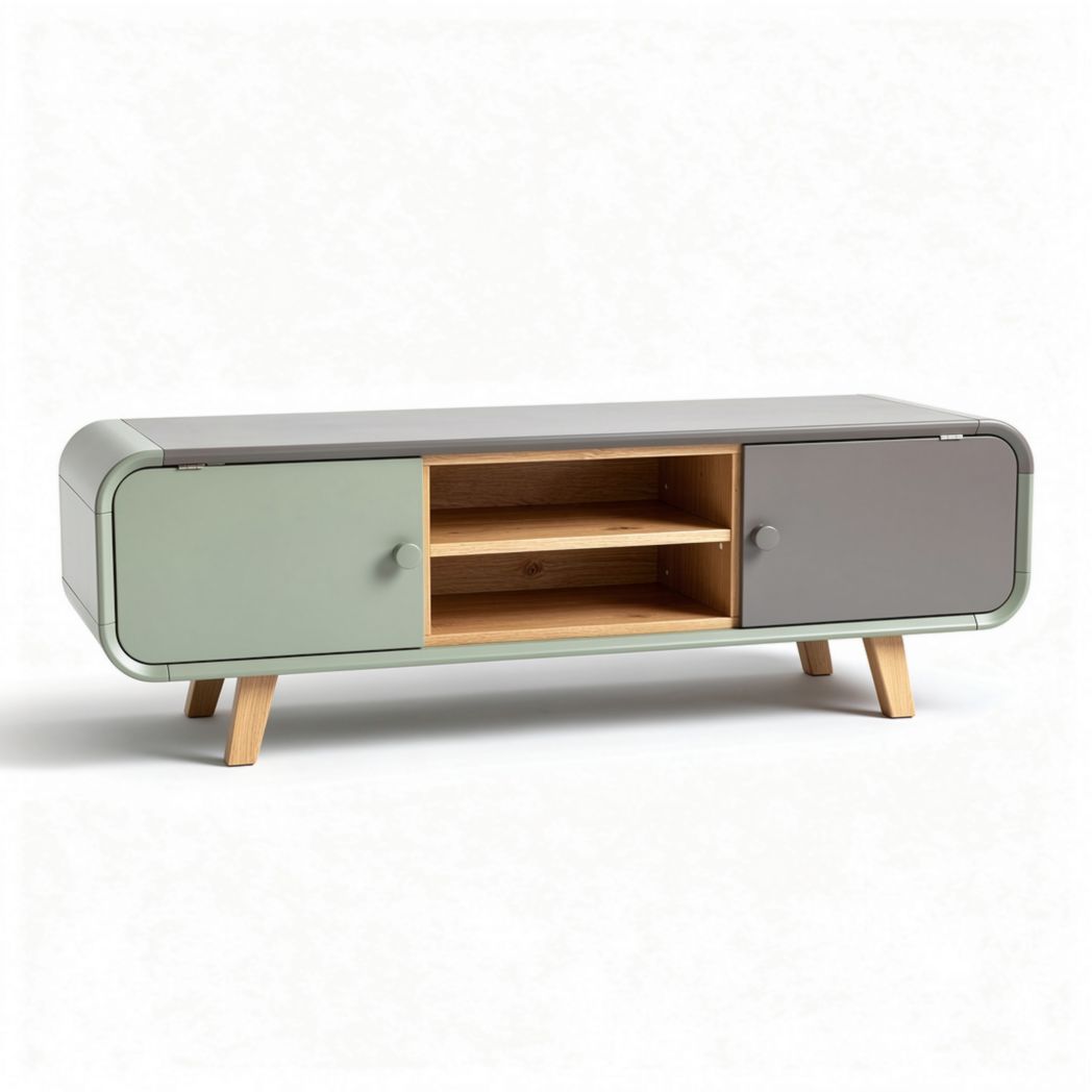 Wooden tv stand with pastel green and gray doors 150 x 40 x 45cm