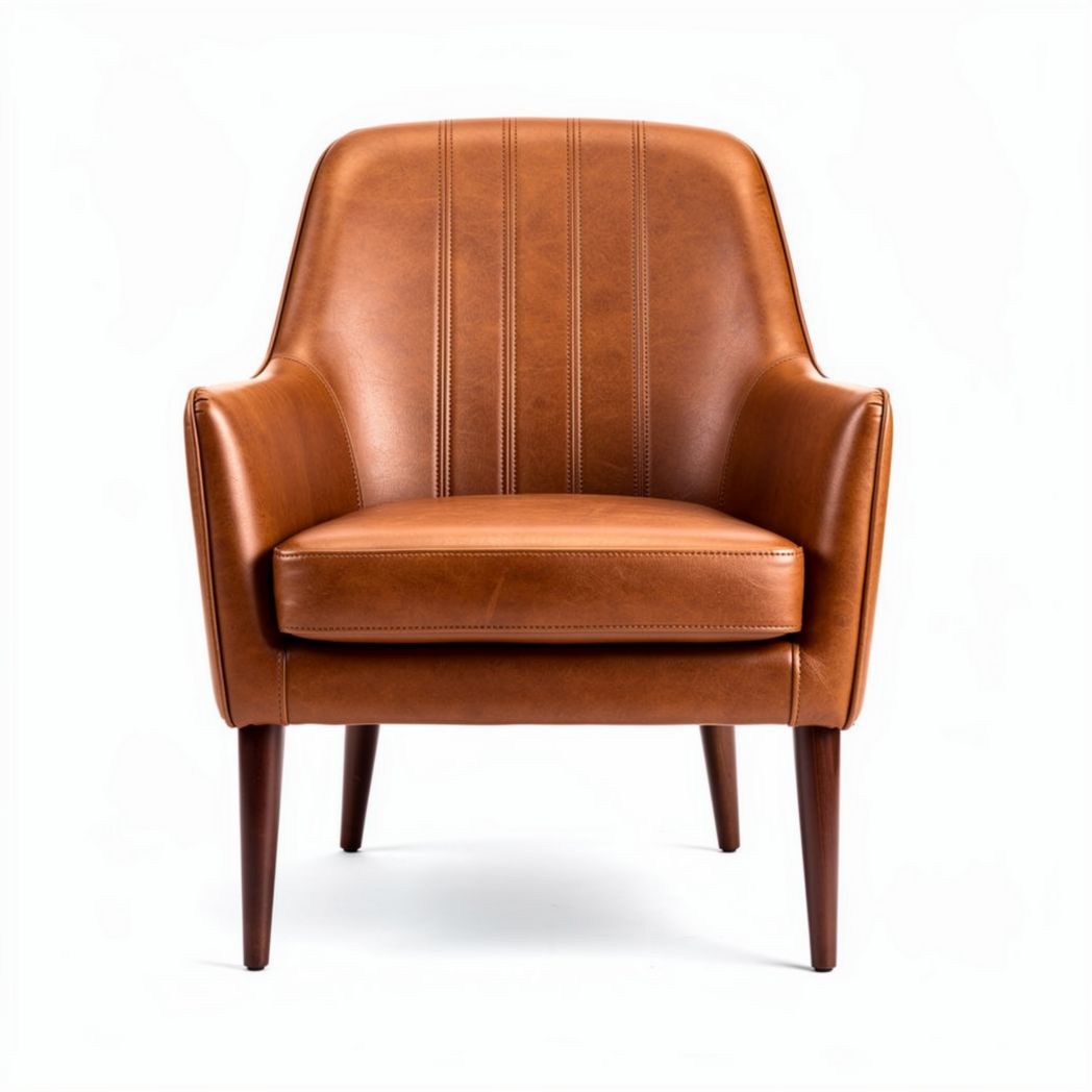 Leather accent chair in brown with tapered wooden legs 37 x 30 x 32 inches