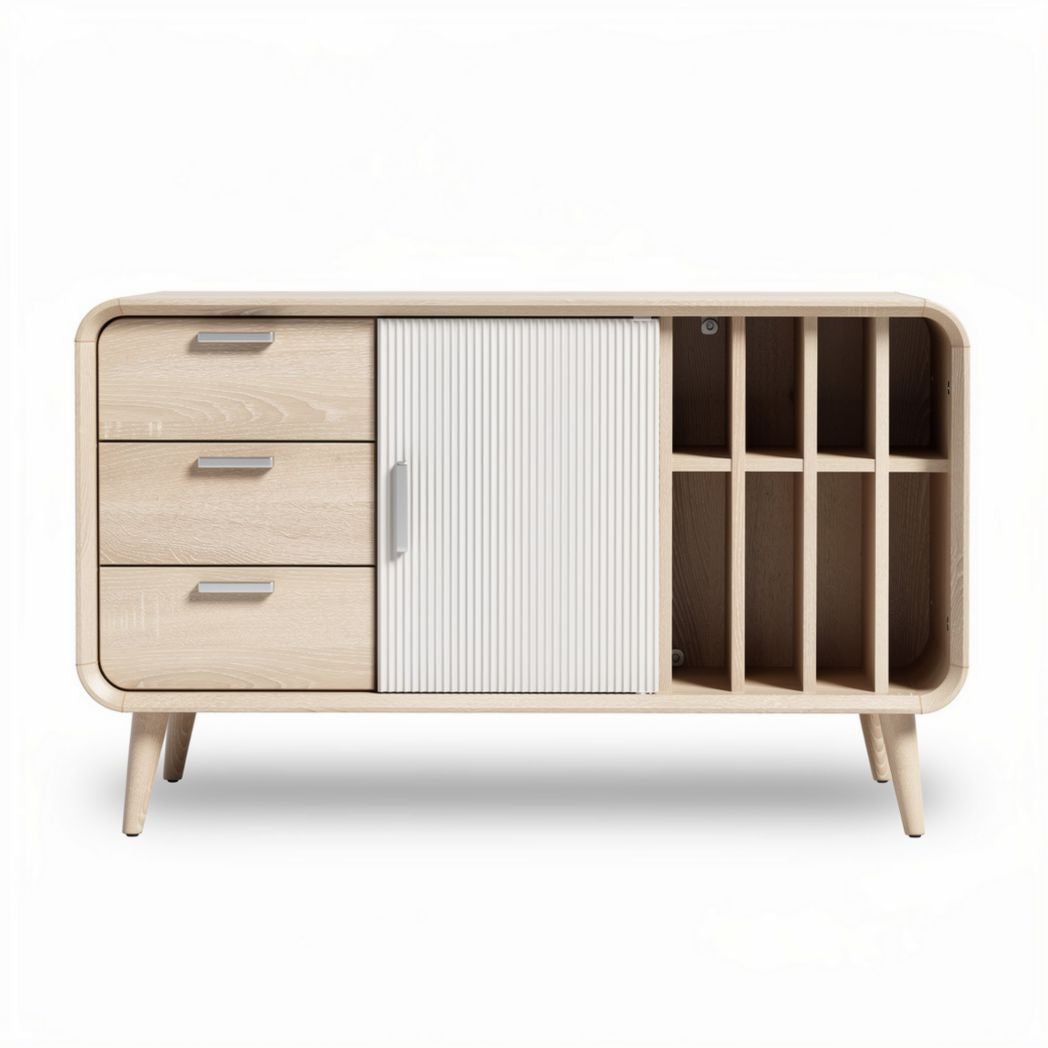 Wooden storage console with sliding door three drawers and multiple compartments 90 x 40 x 75cm