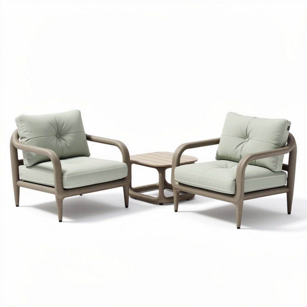 Outdoor patio chair set with light green cushions and gray frame