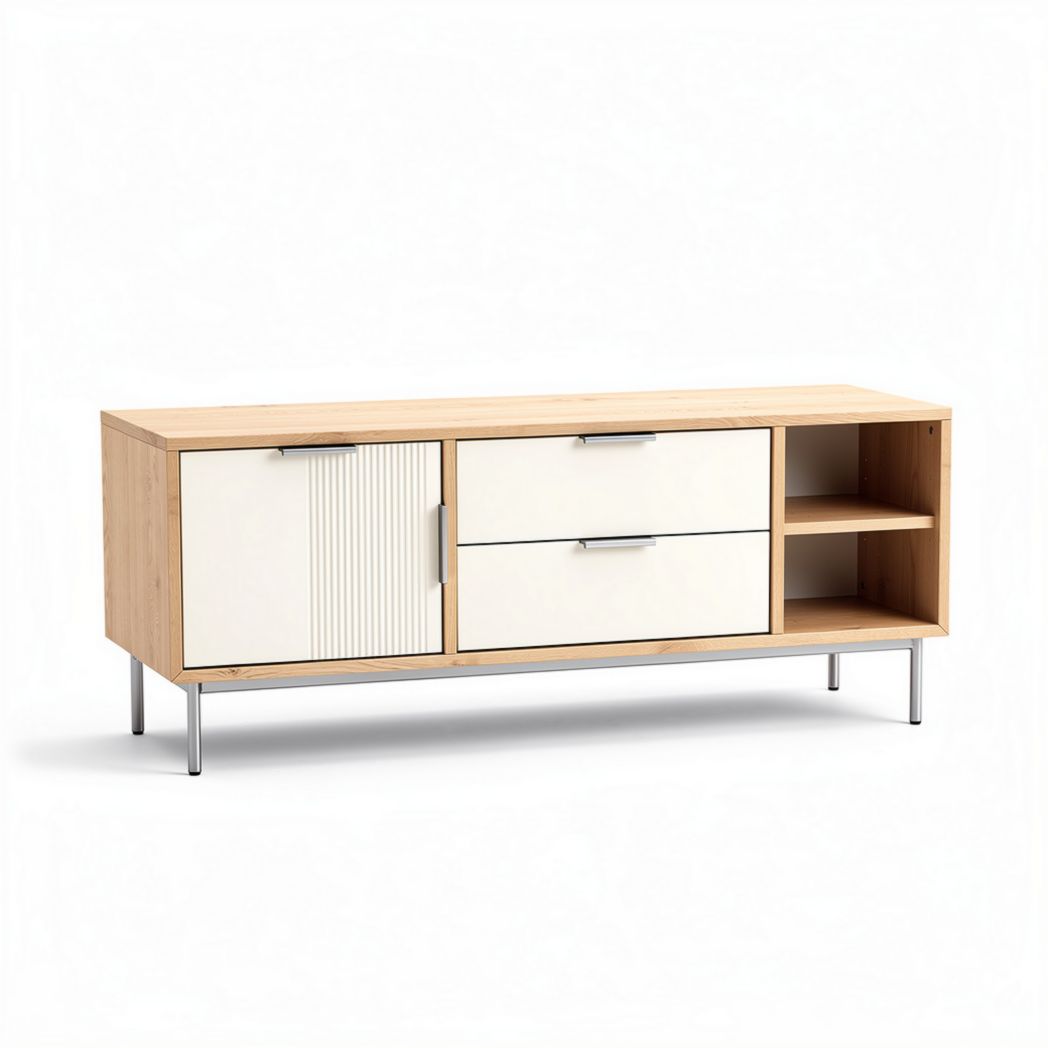 Bamboo media console with white finish and two drawers 150 x 45 x 55cm