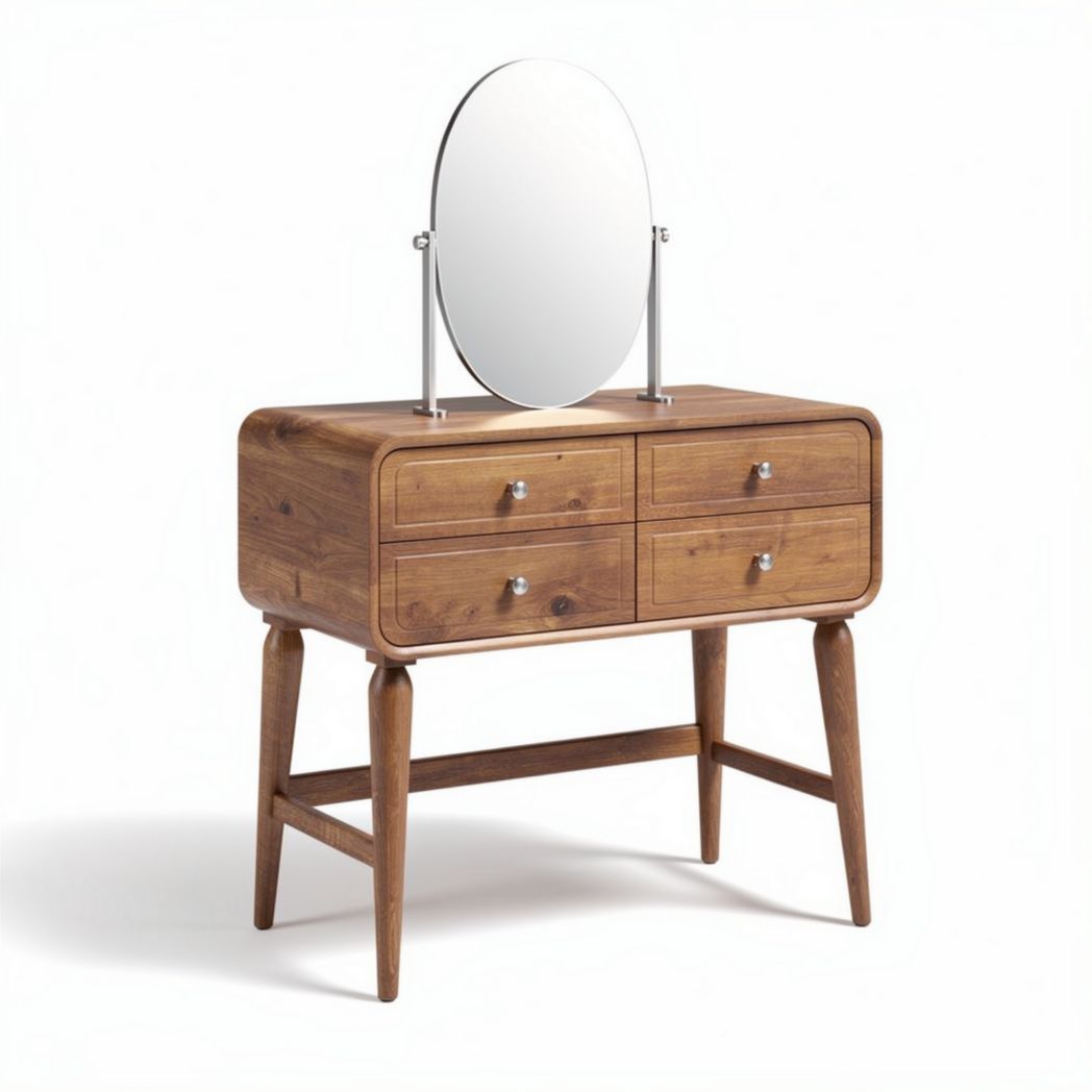 Wooden vanity table with oval mirror and four storage drawers 90 x 40 x 75cm